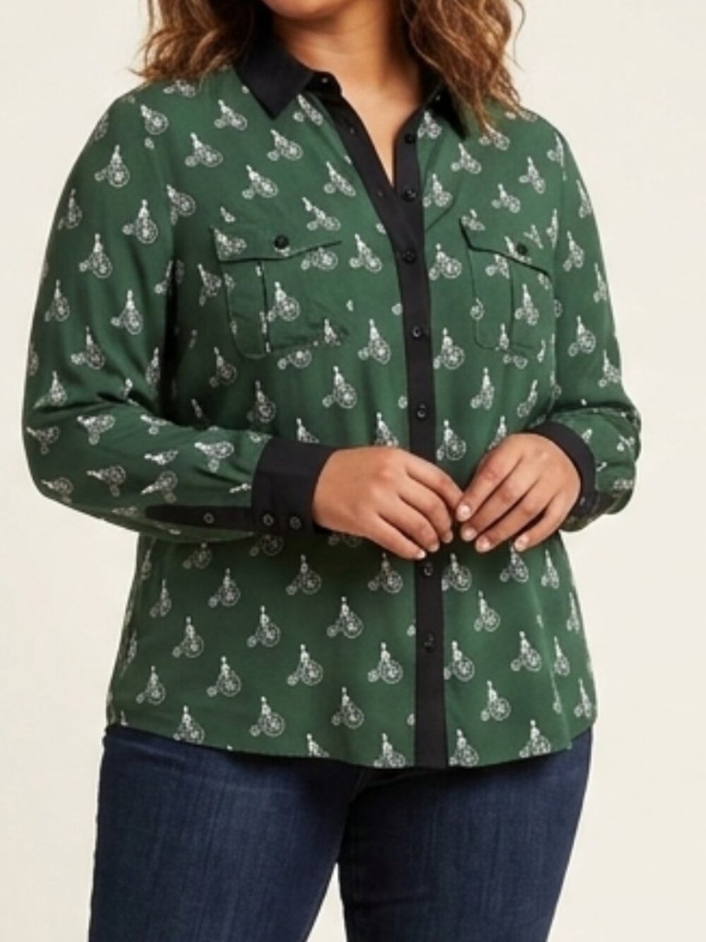 Maeve for Anthropologie Bicycle Print Blouse Forest Green Contrast size 12